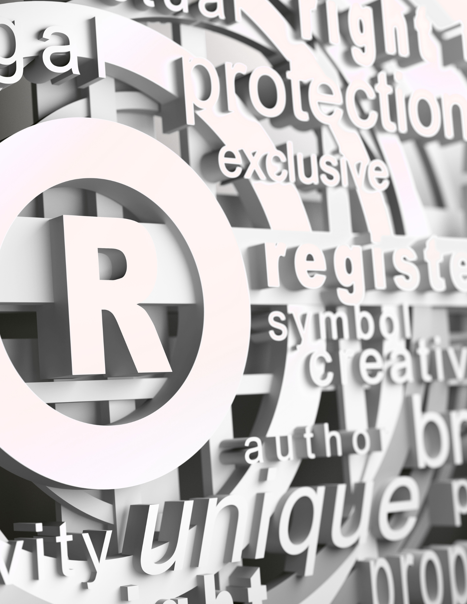 A collection of white 3D words related to copyright, such as 'copyright,' 'exclusive,' 'symbol,' to spotlight Talents Law Firm's experience with trademark law and trademark registration.