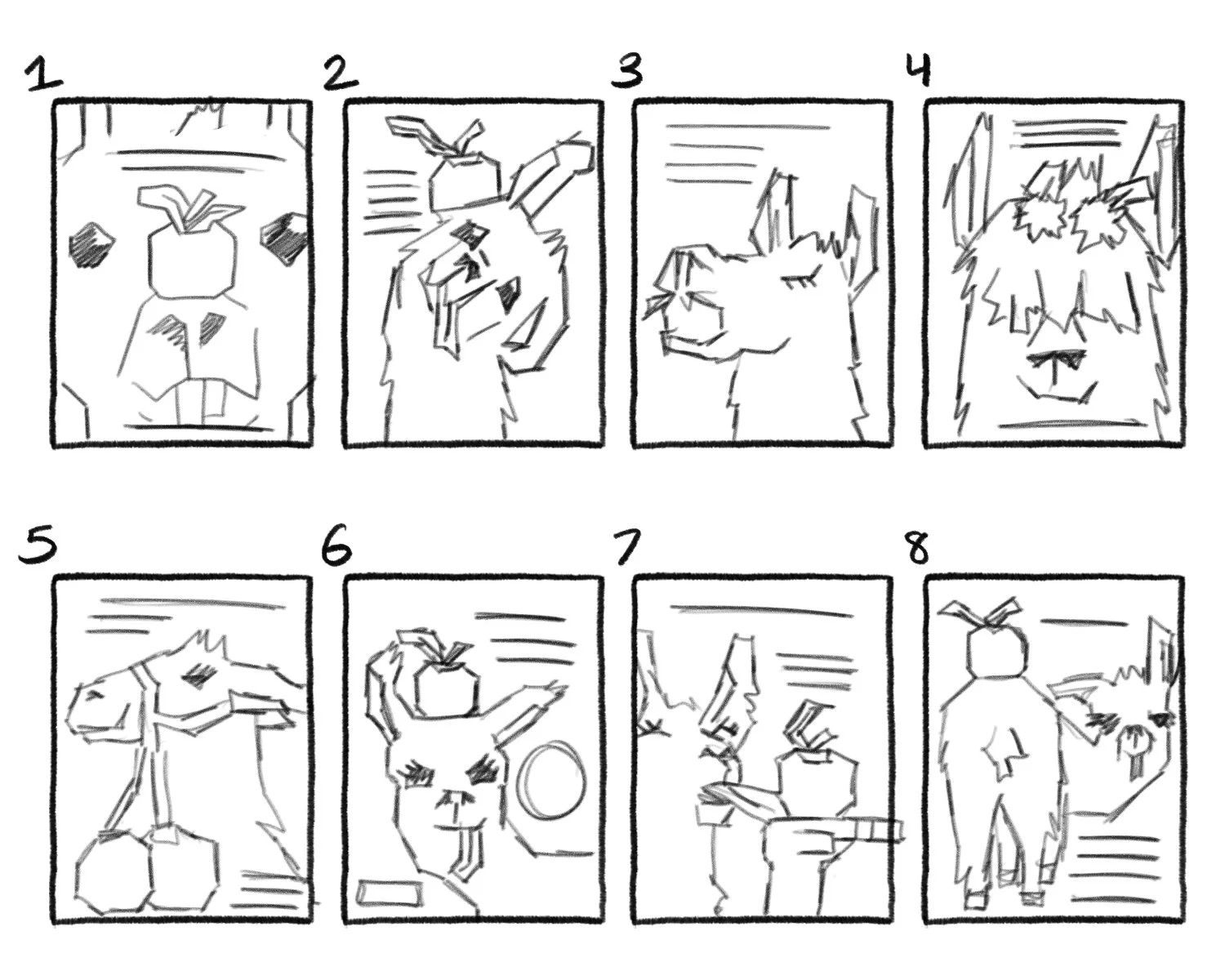 Some thumbnail exploration for what the main label would look like from the front, with various fun poses the llama could be in. I also took into account what negative might fit label information.
