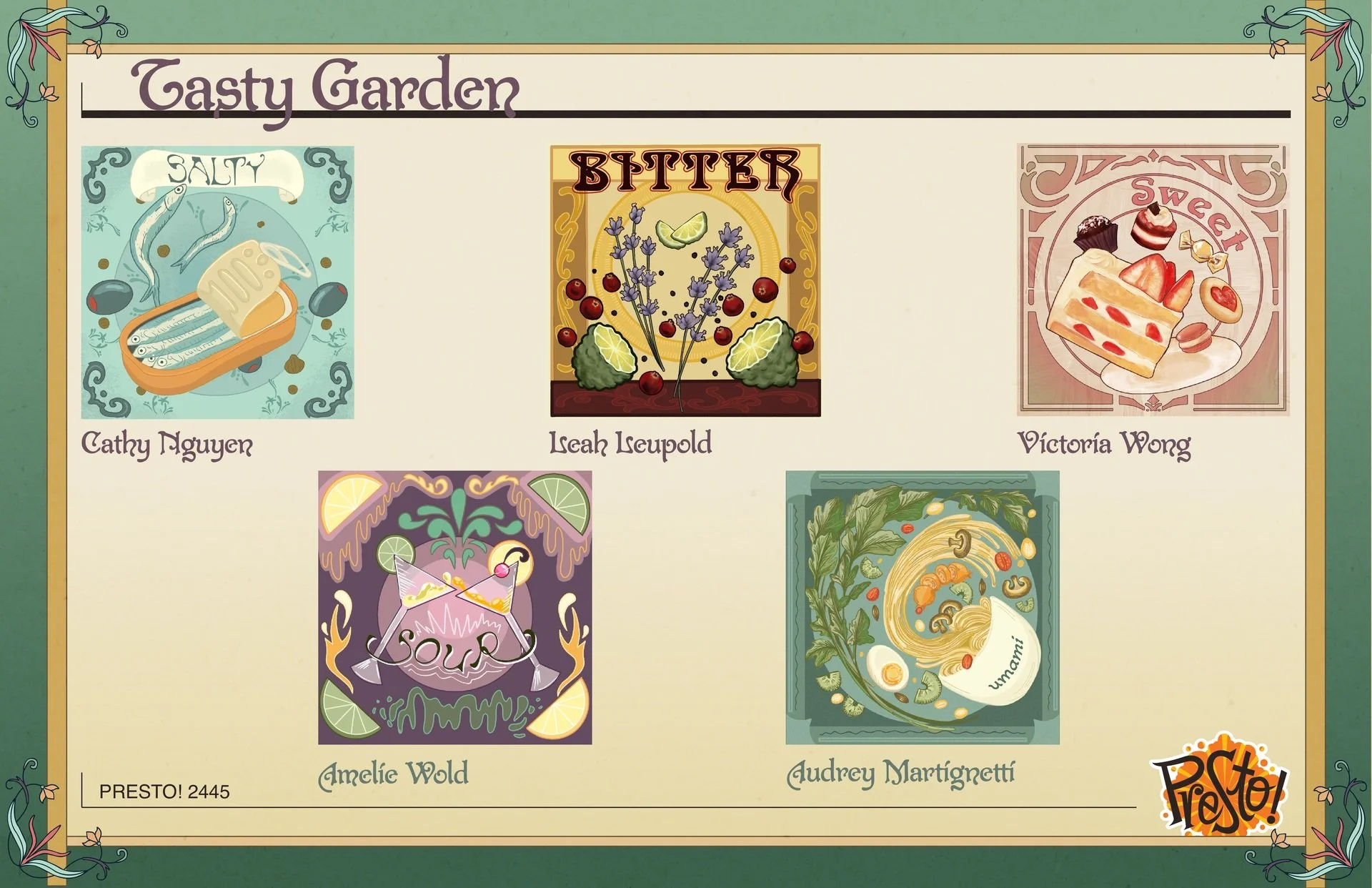 Our group’s presentation slide for Leslie to critique; we decided on a color palette and the Art Nouveau style early on to have a cohesive look