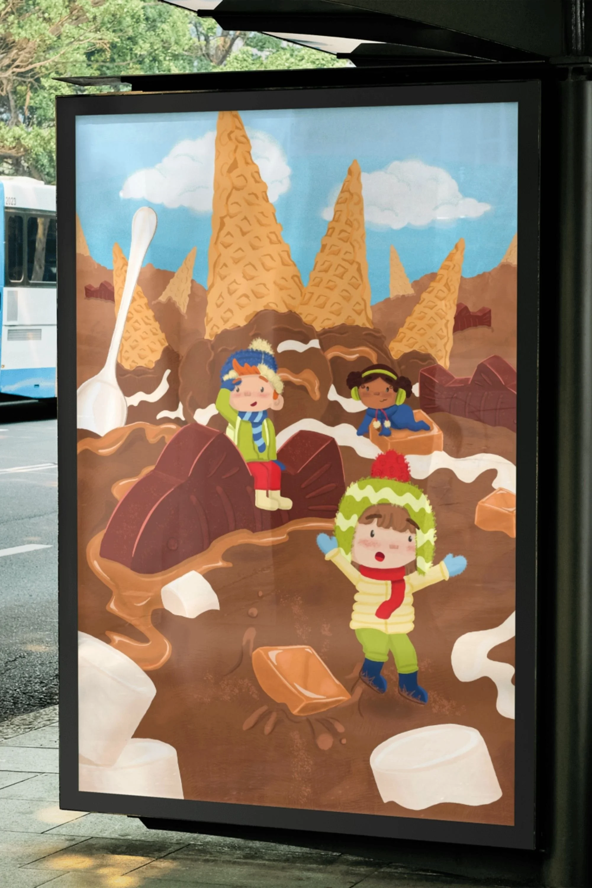 Poster displayed at an outdoor bus ad