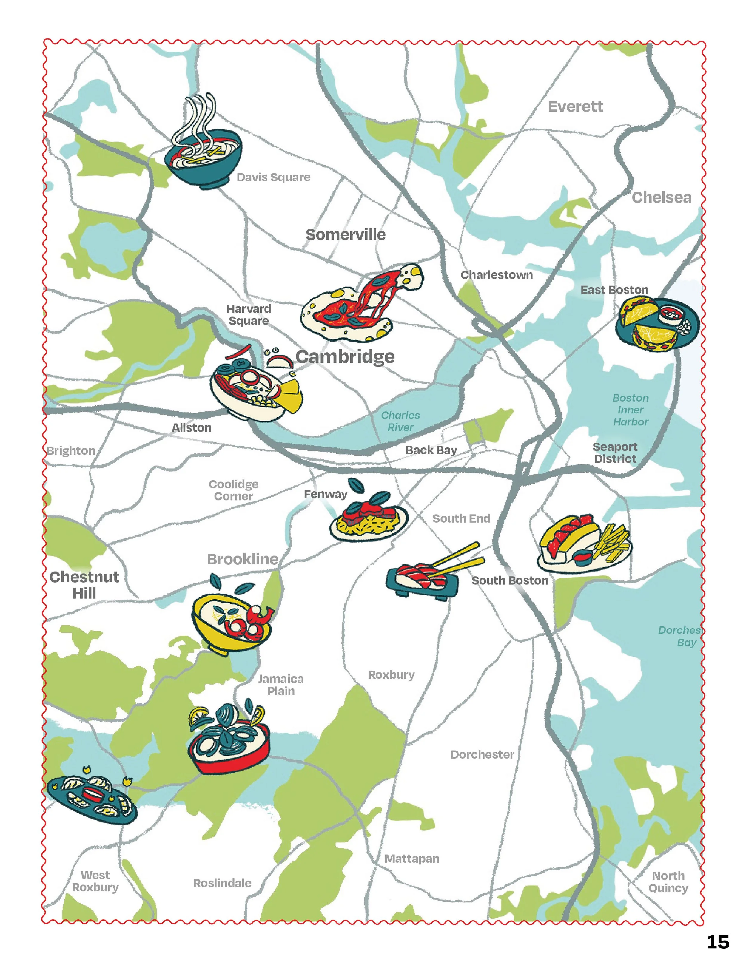Map illustration with featured spot illustrations from 10 of the restaurants recommended