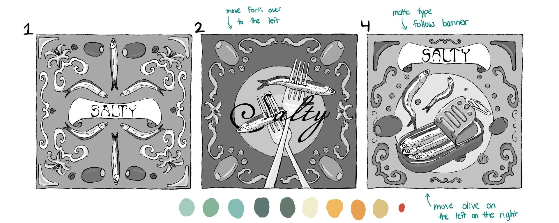 Final sketches with value studies and a color palette