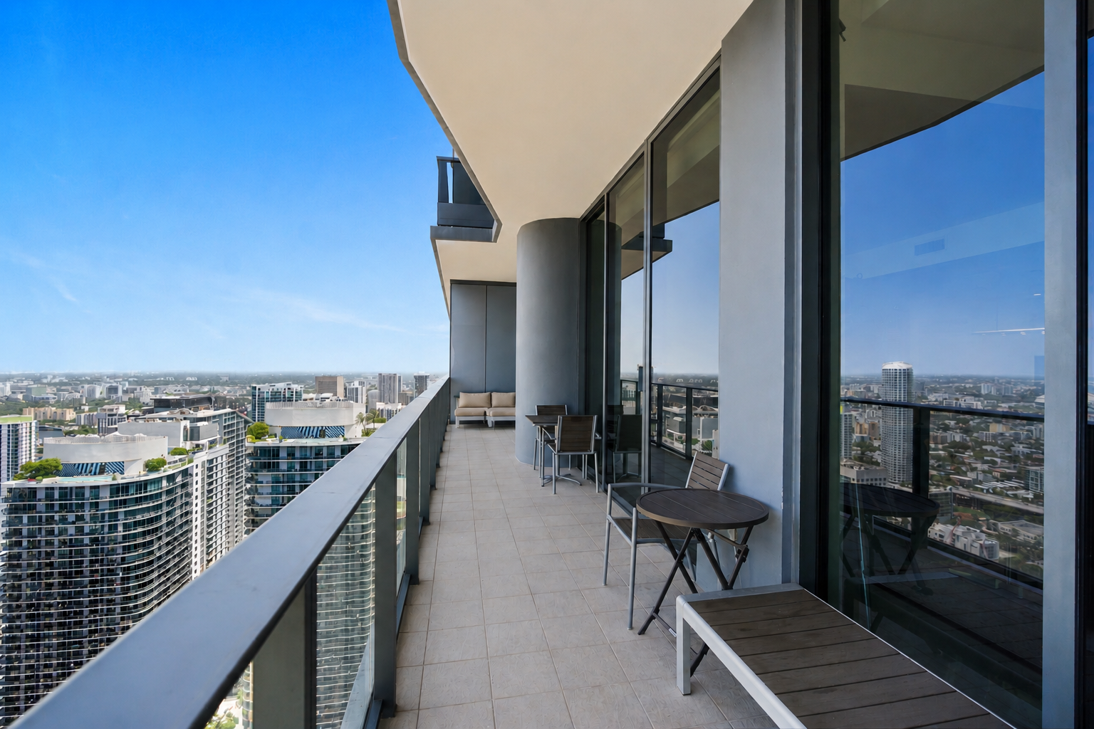 High-rise balcony with glass railing, outdoor furniture including a small round table and chairs, and a cityscape view with tall buildings and a clear blue sky.