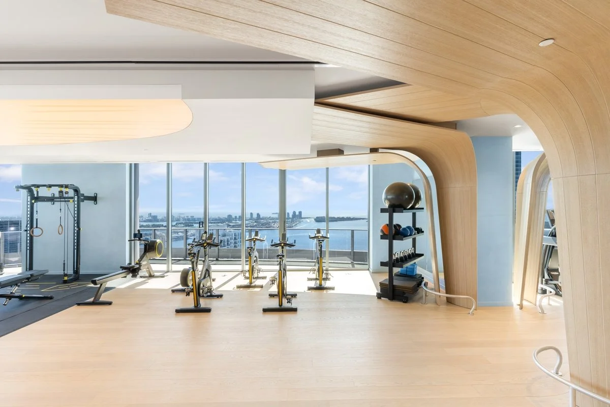 Modern gym with cardio equipment, weights, and a large window overlooking a city skyline and water.