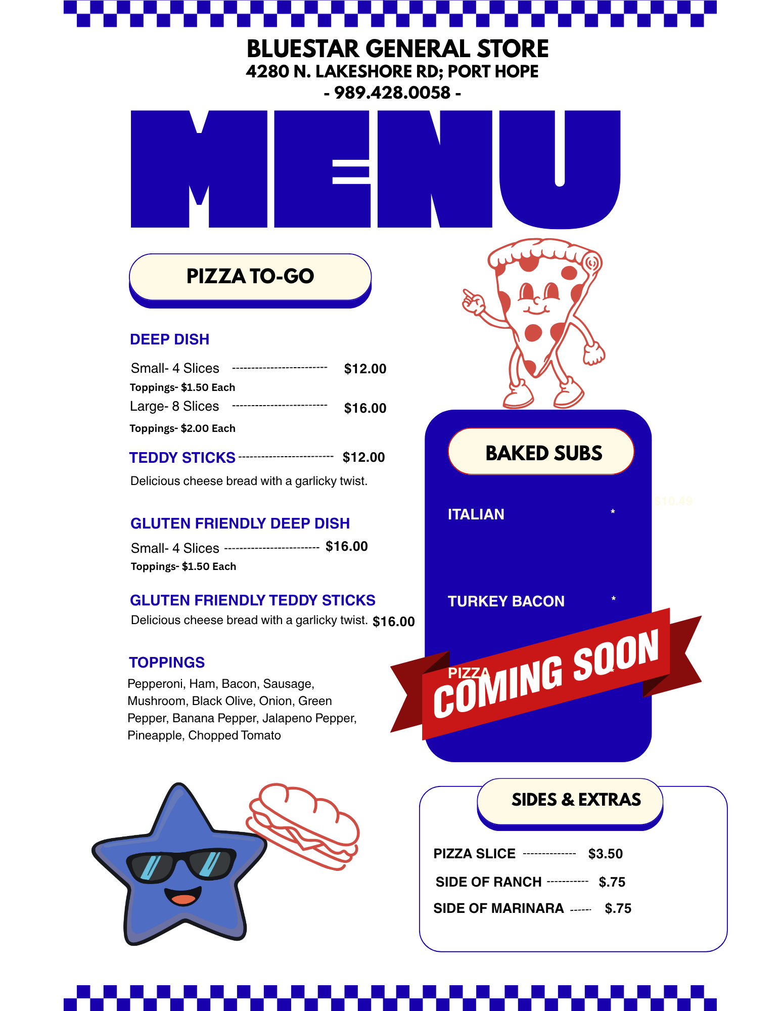 A menu from Bluestar General Store at 4280 N. Lakeshore Rd, Port Hope, featuring pizza options, teddy sticks, deep dish, and gluten-friendly deep dish, along with side items such as pizza slices and sides of ranch, marinara, and others. The menu showcases a cartoon star wearing sunglasses and a hat, and a pizza character with a slice of pizza.