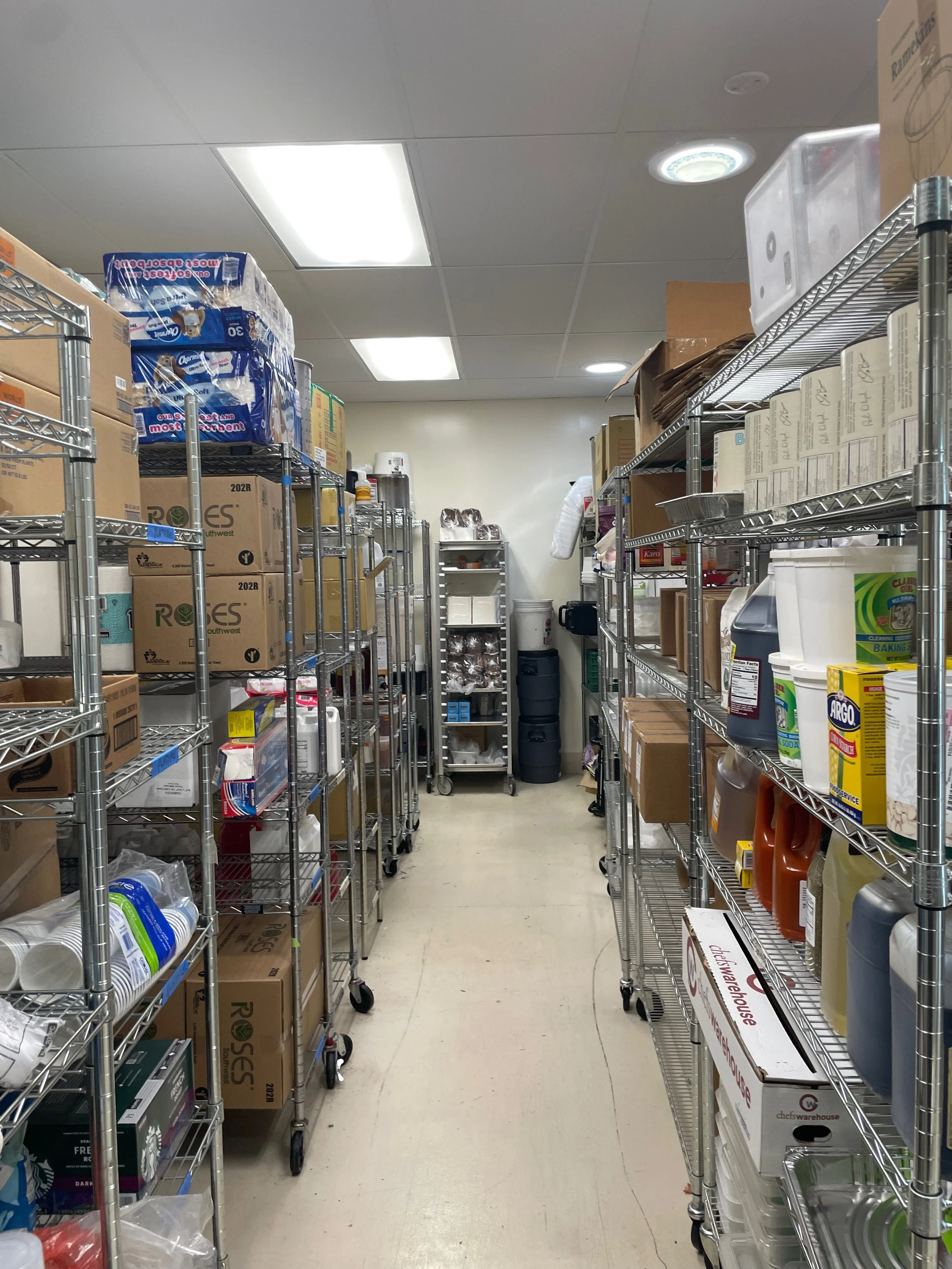 Dry storage shelving for members at South Napa Kitchen commercial kitchen in Napa