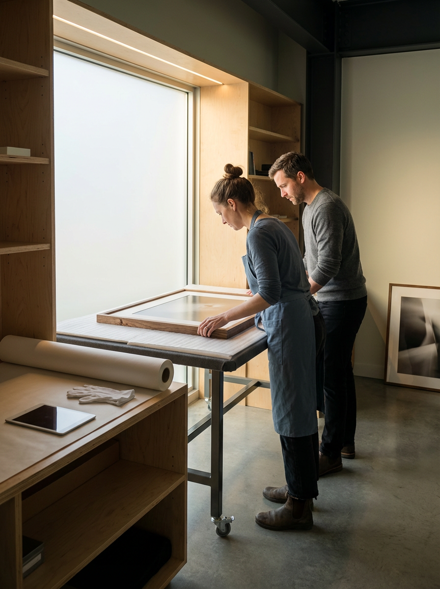 To personer arbejder med at indramme et kunstværk eller et foto i et lyst, moderne atelier med træreoler.