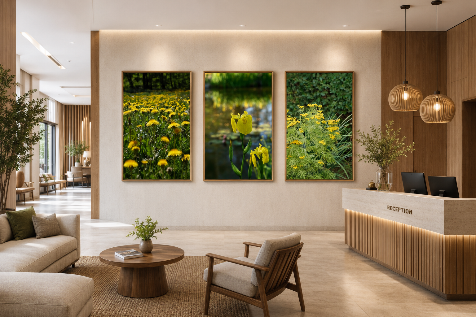 Hotelreception med moderne indretning, tre store naturbilleder på væggen, sofa, lilla stol, plante i vase, receptionskranke med to computere og decor, bløde belysning og store vinduer med adgang til udendørs område.