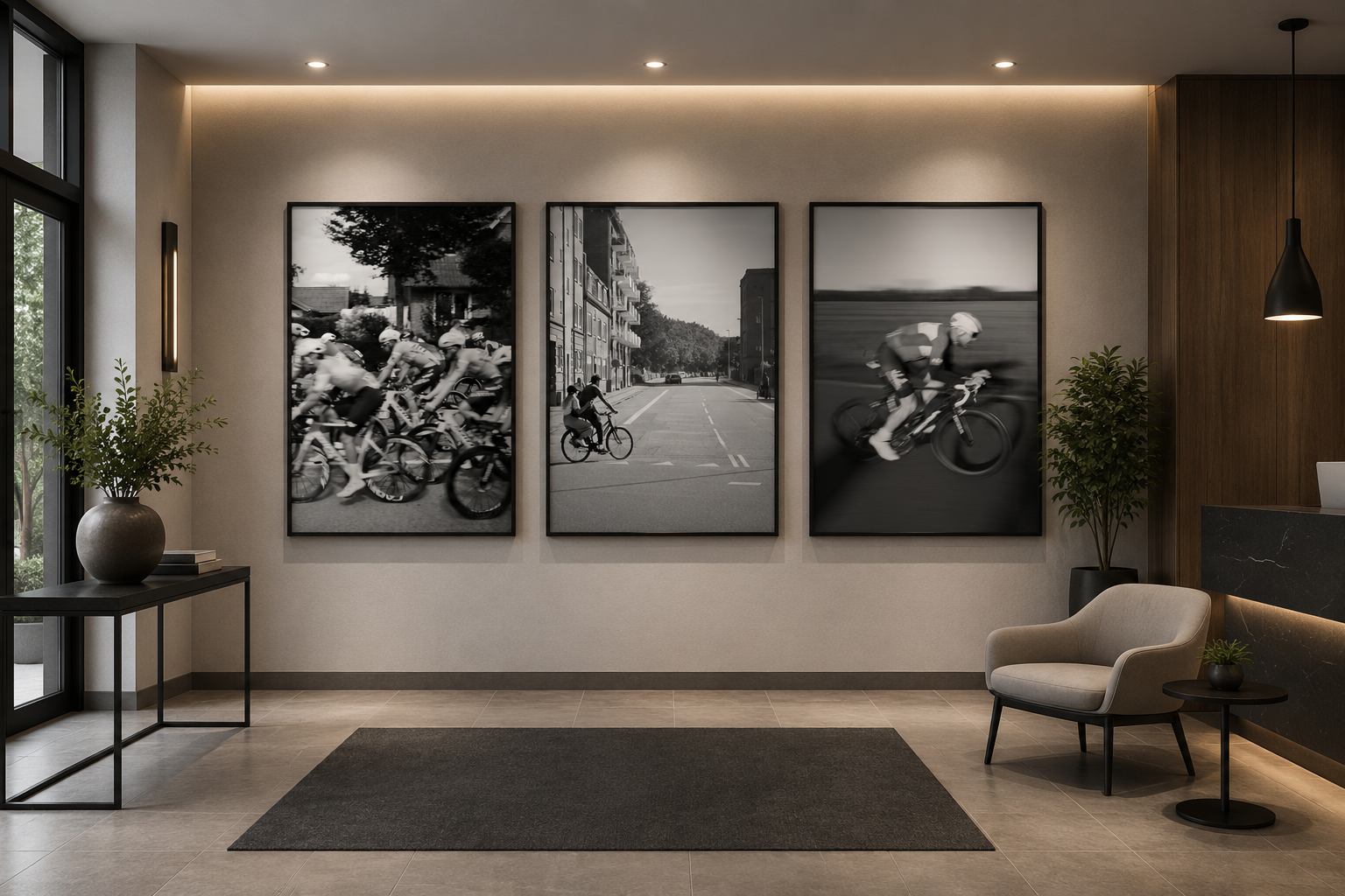 Indretningsdetaljer med tre sorte og hvide fotografie af cyklister, en sofa, to plantekrukker, et bord og et gulvtæppe i en moderne entré.