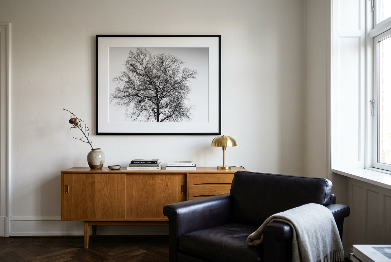 En minimalistisk stue med en sort lænestol med et beige tæppe over armlænet, en træskænk med en vase med en knækket gren, en goldlampe, bøger og et sort-hvidt foto af et træ på væggen, ved et stort vindue.