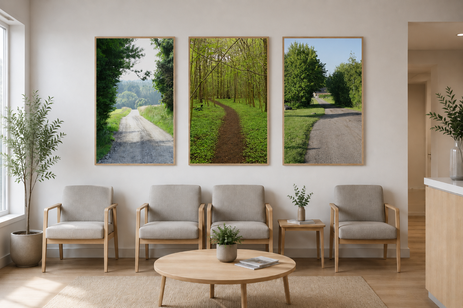 Lækker ventefælles i et lyst og moderne venterum med tre komfortable stole, en rund bord med planter og noter, store naturbilleder af skove og stier på væggen, store vinduer, og pæne indretningselementer.