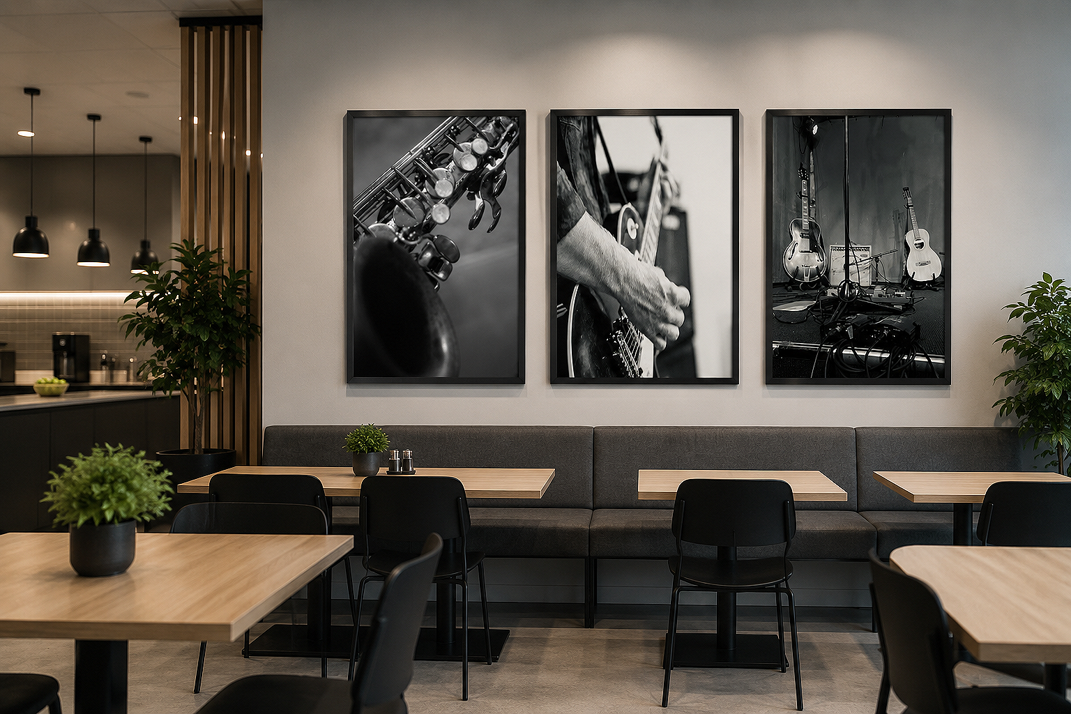 Sort-hvide fotos af musikinstrumenter, herunder saxofon, guitar og mikrofoner, på en cafevægsbaggrund.