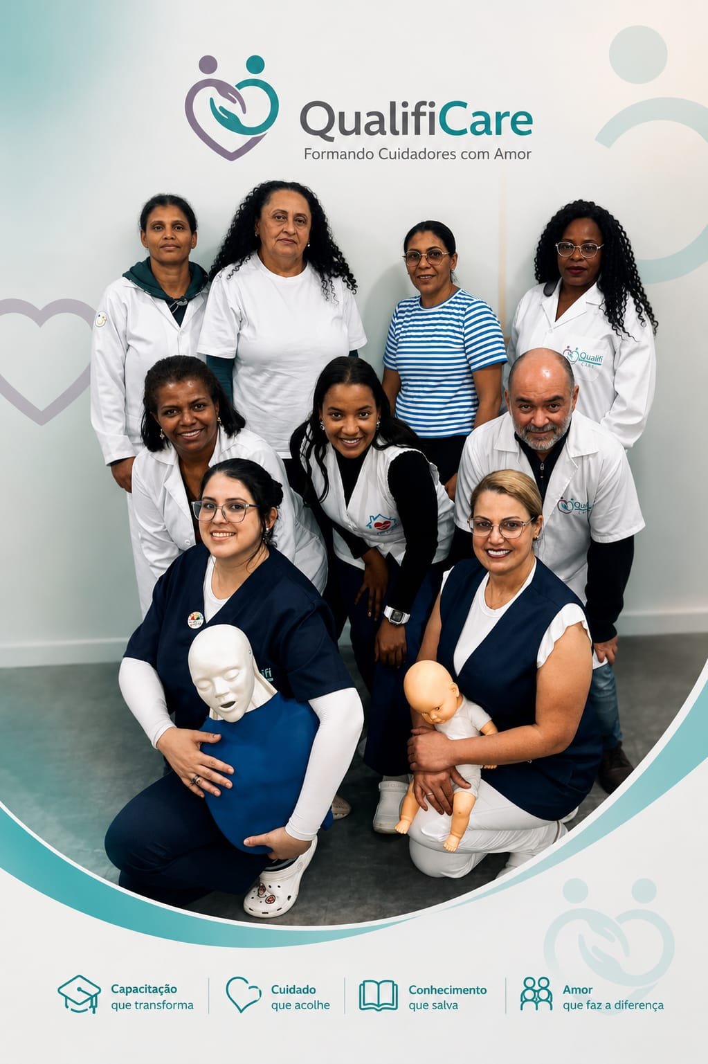Foto de um grupo de pessoas, profissionais de saúde, posando juntas em um ambiente interno. Ao fundo, o logo da QualifiCare e a frase 'Formando Cuidados com Amor'. A imagem mostra uma equipe diversa, incluindo homens e mulheres, alguns segurando manequins de treinamento. Na parte inferior, ícones com textos que destacam valores como capacitação, cuidado, conhecimento e amor.