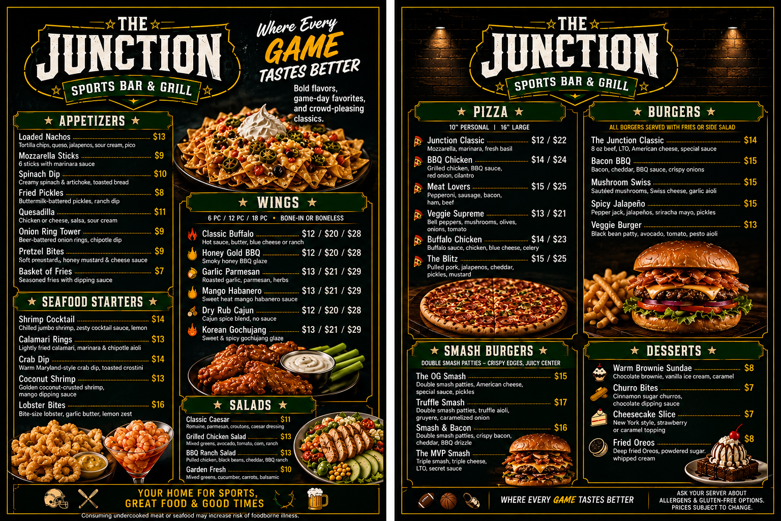 A menu for The Junction Sports Bar & Grill featuring appetizers, seafood starters, salads, wings, pizzas, burgers, smash burgers, and desserts. The menu highlights include loaded nachos, shrimp cocktail, classic Caesar salad, chicken salad, various wings flavors, pizza options like Junction Classic and BBQ, and burgers such as The Junction Classic and Bacon BBQ.
