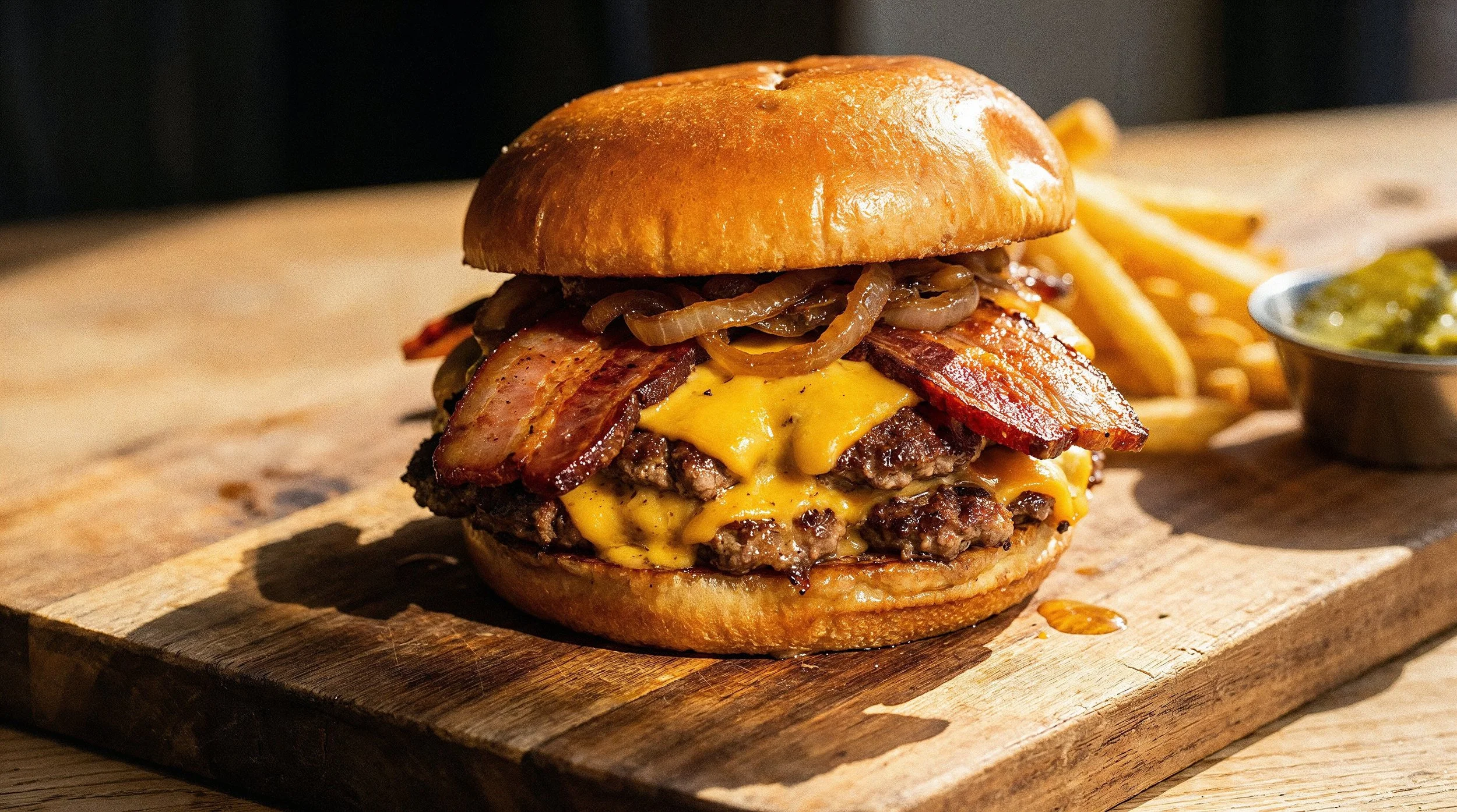 Close-up of a cheeseburger with bacon, grilled onions, and cheddar cheese, served on a bun with a side of French fries and green dipping sauce.