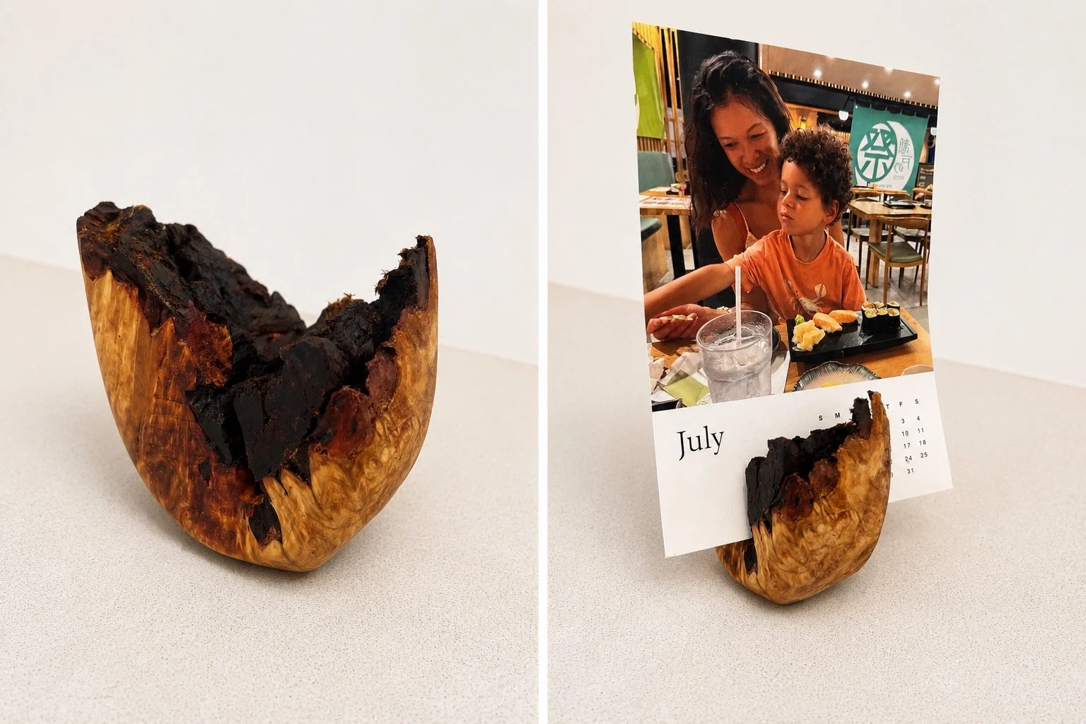 Charred-edge wooden photo holder shown empty and holding a photograph