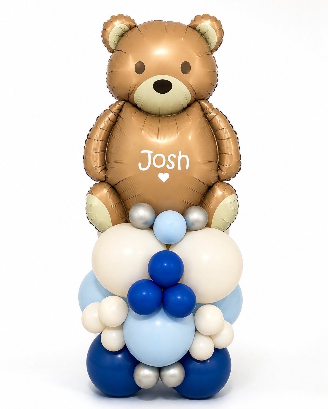 Personalised teddy bear balloon with name Josh, stacked on cream, pale blue, navy and silver latex balloons for a baby boy new arrival gift.