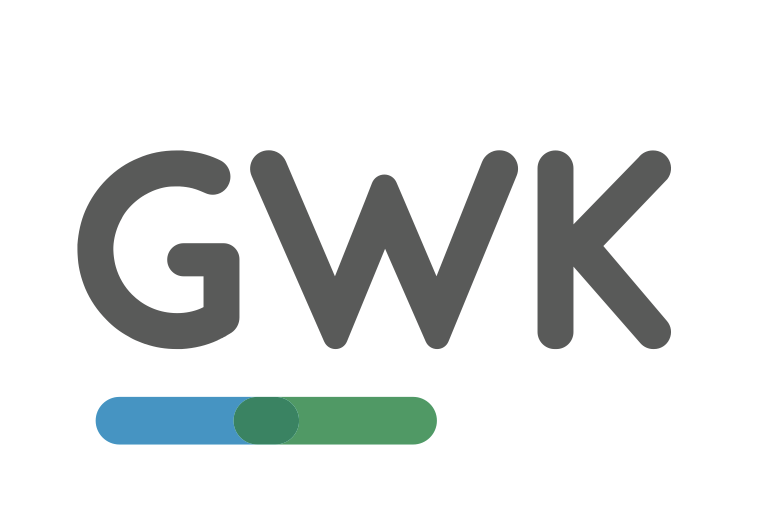 Large gray letters 'GWK' with a blue and green progress bar below.