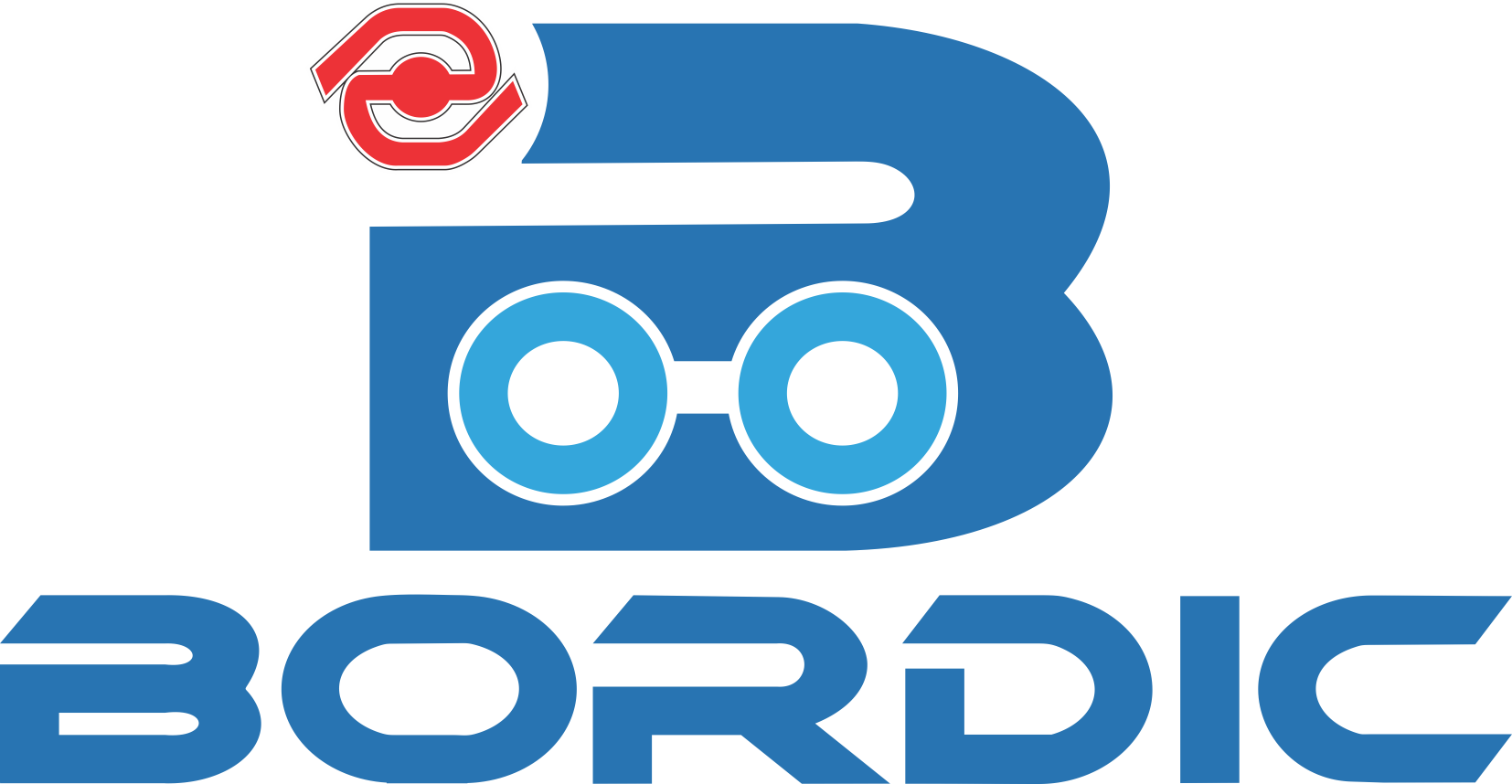 A logo with a large blue letter B, designed to look like binoculars in the middle of the B. There is a red and white bicycle chainring above the top left corner of the B. The word 'BORDIC' is written below the B in bold blue letters.