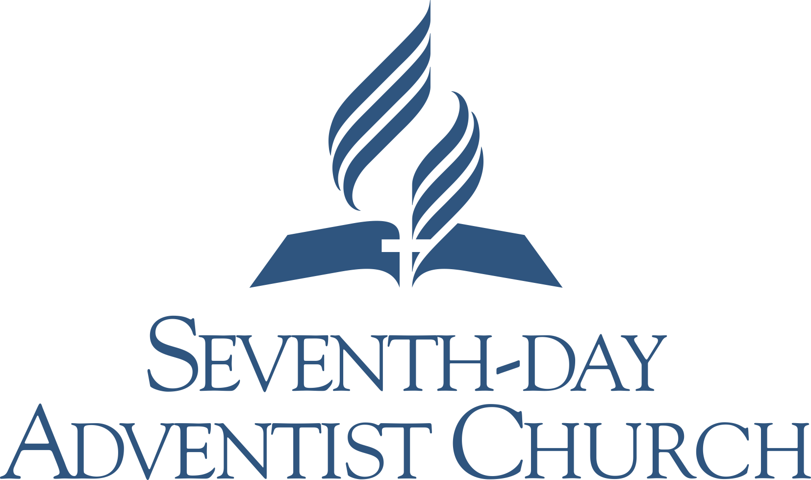 Logo of Seventh-day Adventist Church featuring an open Bible with a flame and cross, with the organization's name below.