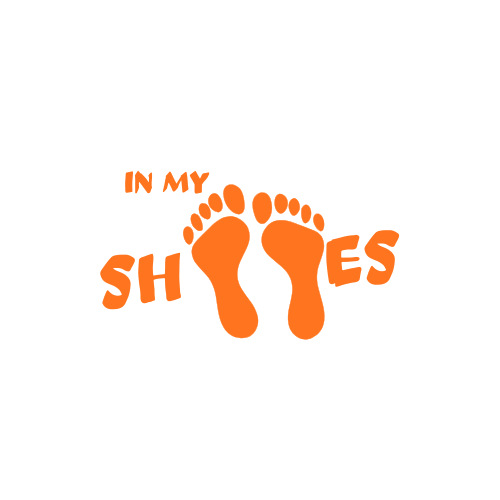 Orange text reading "IN MY SHOES" with two orange footprints in between.