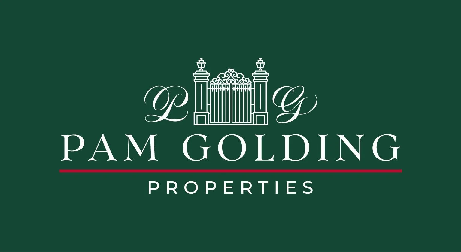 Logo for Pam Golding Properties with a decorative gate illustration above the company name and a dark green background.