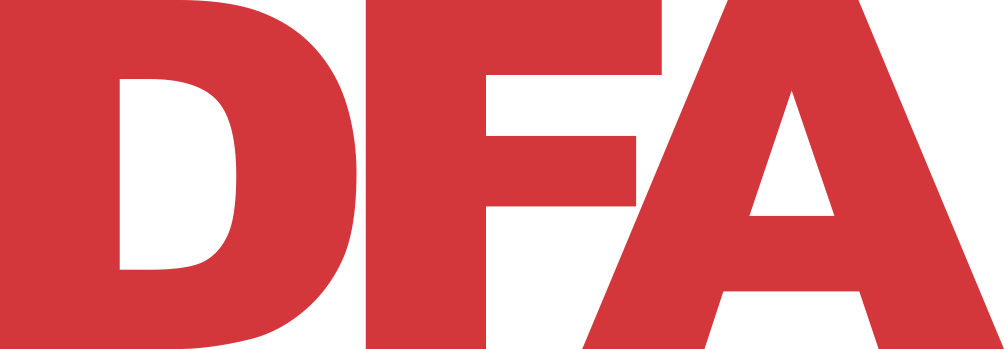 Close-up of the red letters spelling 'DFA' on a black background. Local Newspaper in Kimberley the DFA