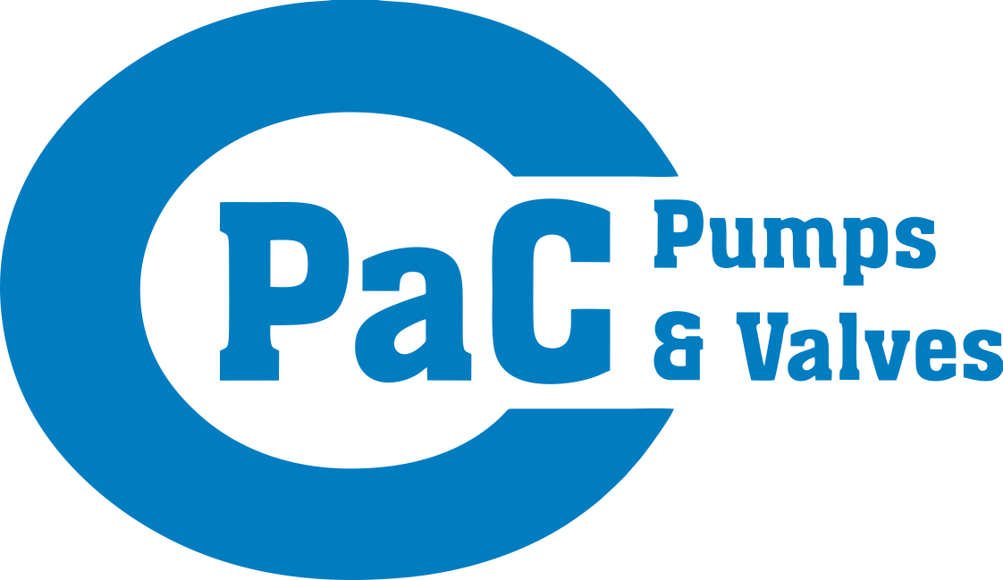 Blue and black logo for PaC Pumps & Valves with a stylized letter C and the company name.