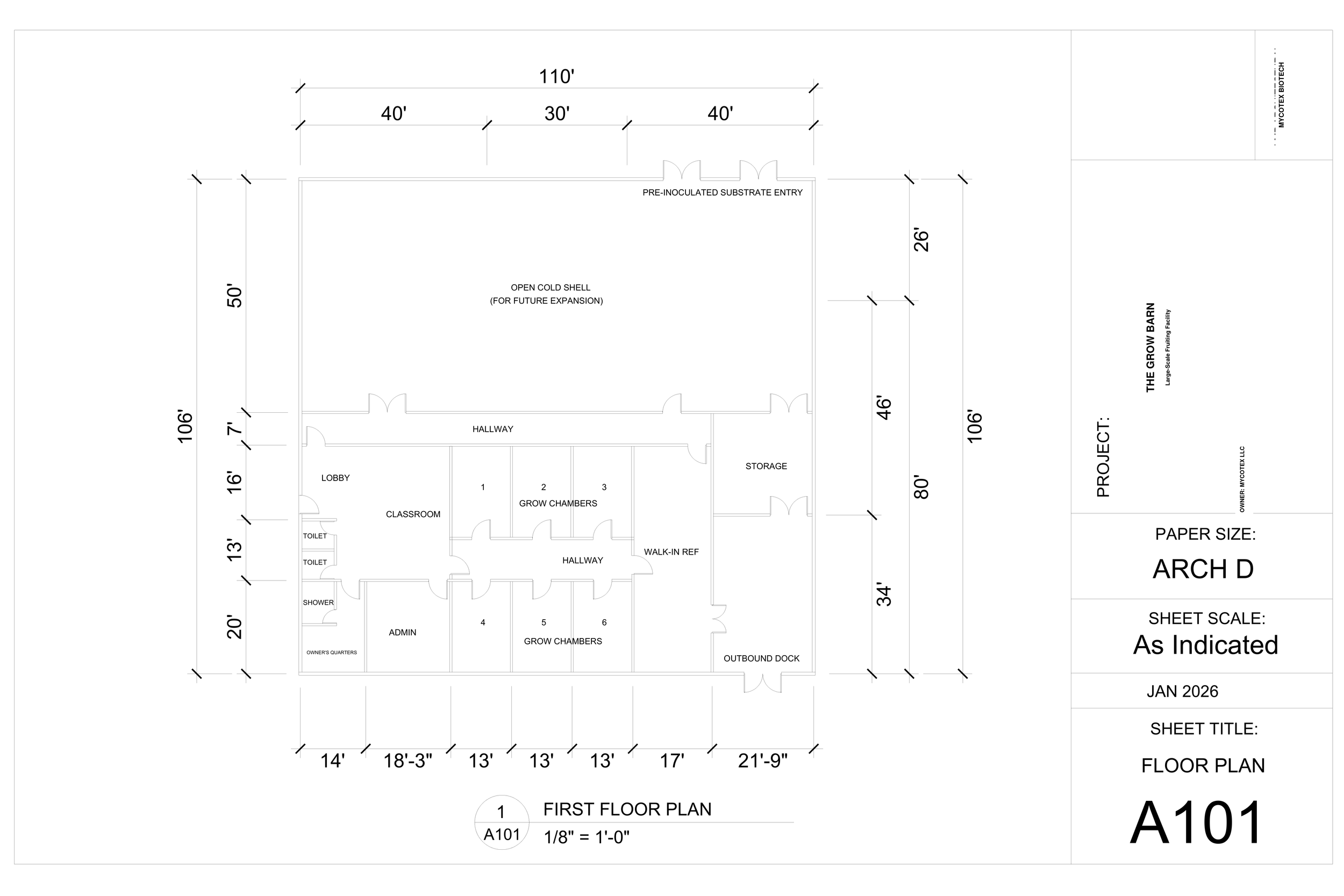 Full facility floor plan drawing for The Grow Barn, a six-chamber commercial mushroom fruiting facility layout by MycoTex Biotech, showing the dimensioned room-by-room arrangement.