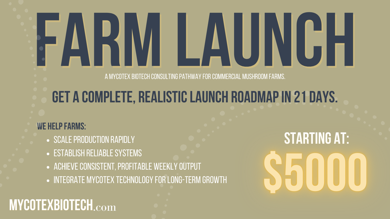 Farm Launch consulting program by MycoTex Biotech, offering a 21-day roadmap to start and scale a mushroom farm or regenerative agriculture business, including system design, substrate strategy, and profitability  with the website mycotexbiotech.com.