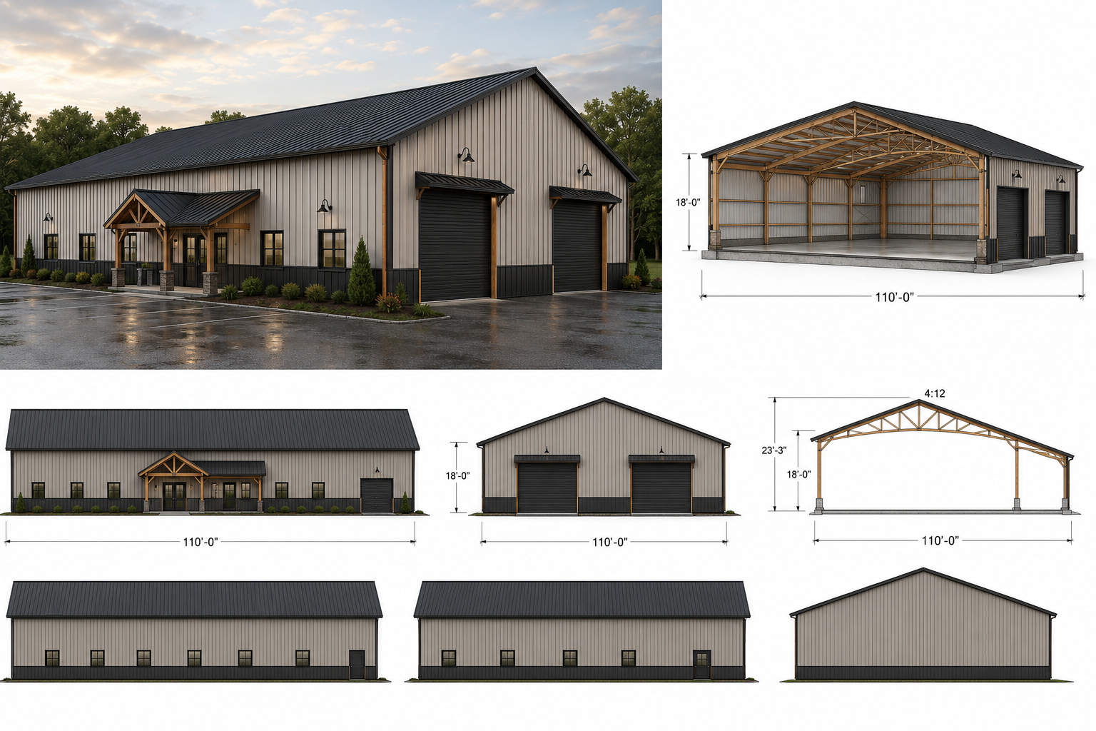 Architectural elevation views and 3D renderings of The Grow Barn commercial mushroom facility, showing the barn-style structural framing, roof profile, and overall building dimensions.