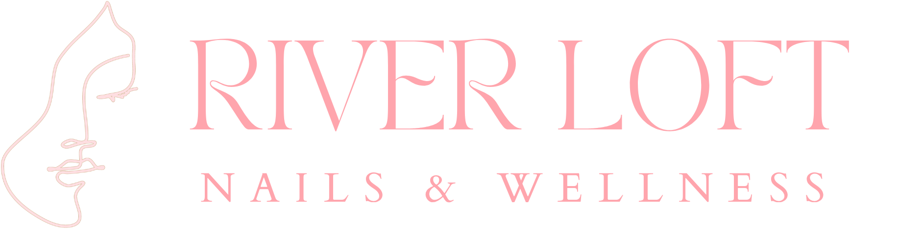 Logo for Riverlot Nails & Wellness, featuring a minimalist line drawing of a woman's face in profile and pink text.