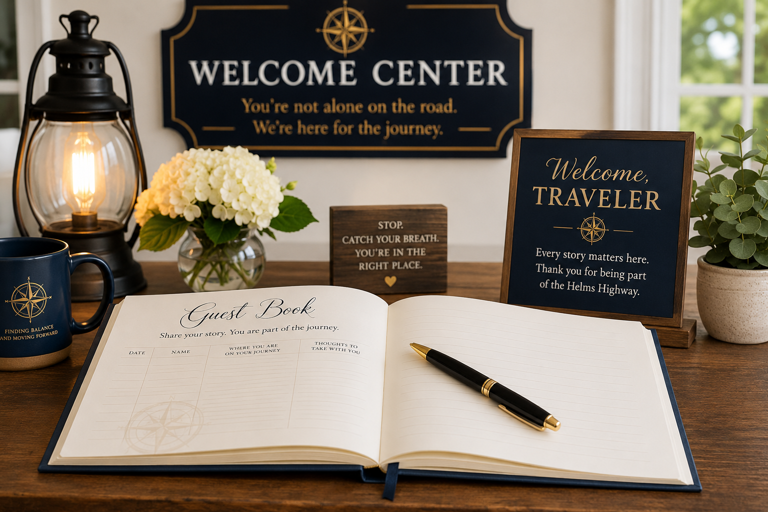 Helms Highway Welcome Center Guest Book inviting travelers to share their journey