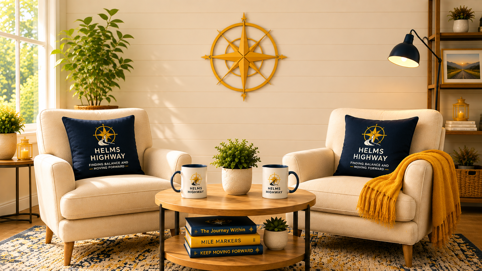 Living room with two beige armchairs, each with a blue pillow that reads 'Helms Highway, Finding Balance and Moving Forward'. A round wooden coffee table with a potted plant, two coffee mugs with the same logo, and a stack of books. A large window with sunlight, a green plant in the corner, a wall clock resembling a compass, and a tall bookshelf with decor items and framed pictures. A yellow throw blanket on the right chair, a floor lamp on the right side, and a patterned rug.