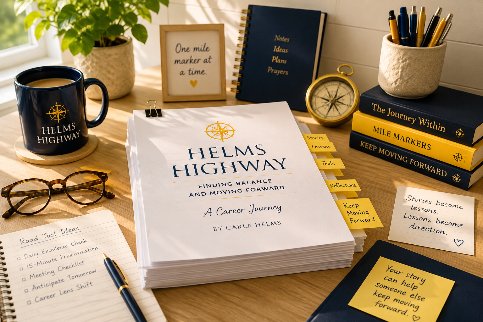 A desk setup featuring a book titled 'Helms Highway' by Carla Helms, several notebooks, a coffee mug with the same logo, glasses, a potted plant, a pair of glasses, a pen, sticky notes, and a collection of pens in a cup. There are also framed quotes, a compass, and various sticky note labels with motivational words and phrases.