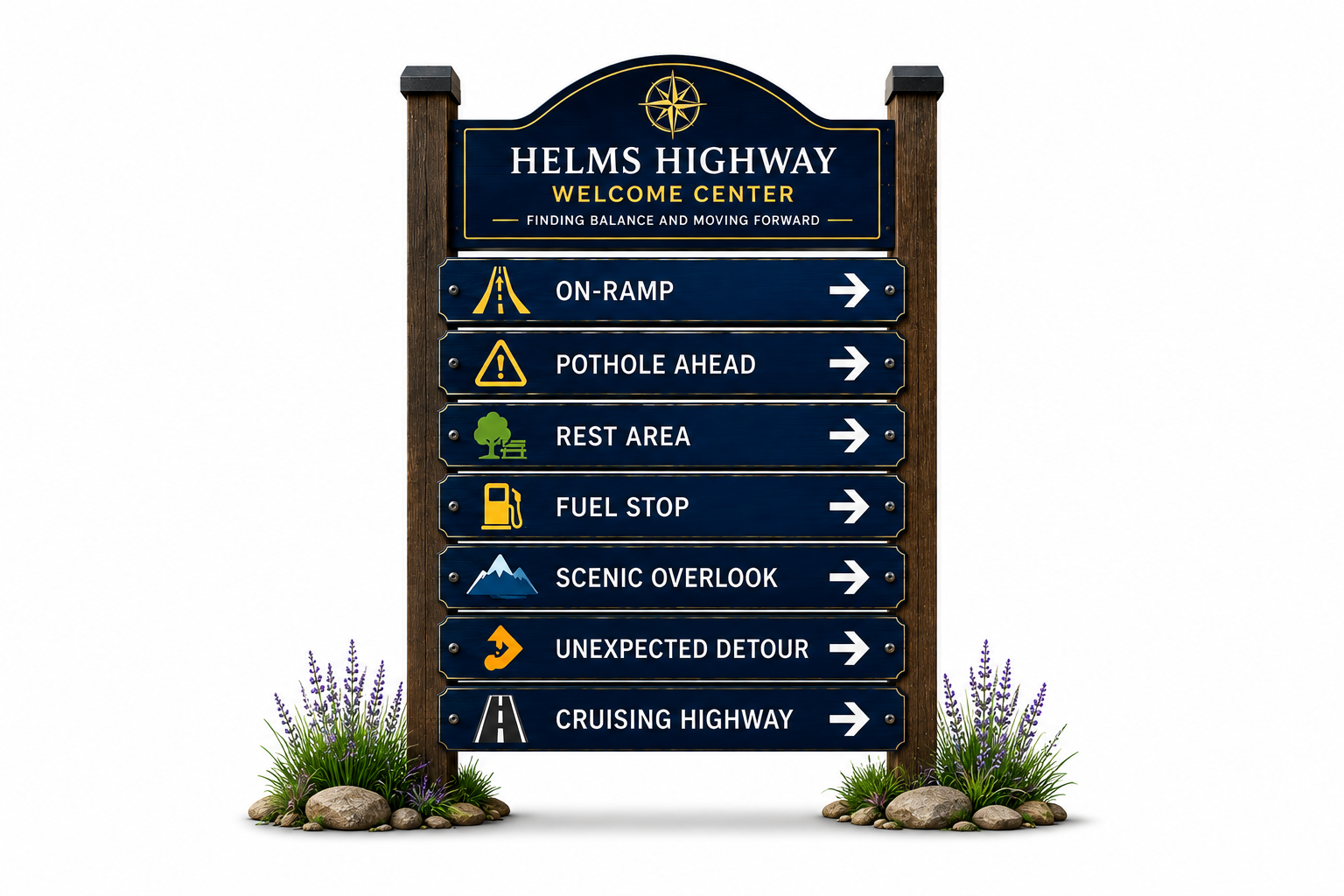 Helms Highway Welcome Center sign showing career journey stops including the On-Ramp, Rest Area, Fuel Stop and Unexpected Detour