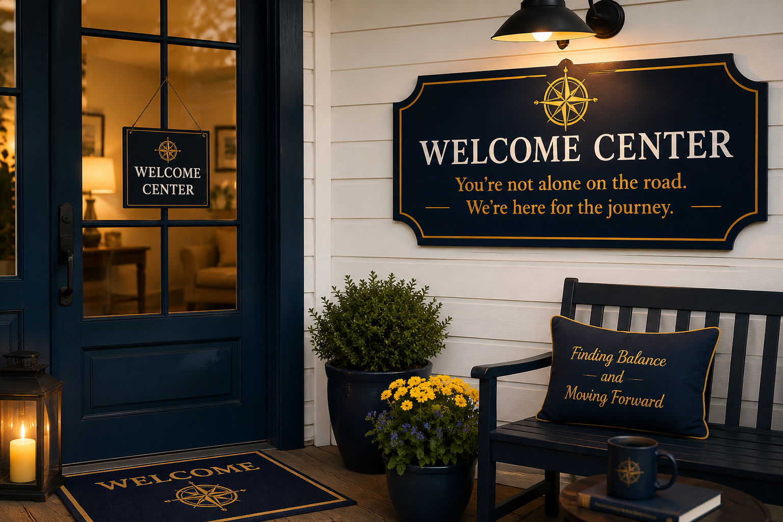 Welcome center entrance with a blue door, welcome mat, wall sign, bench with pillow, potted plants, and a lantern with a candle.