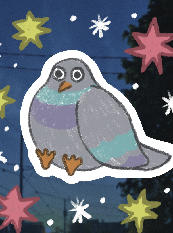 A colorful sticker of a cartoon bird with large eyes, perched among bright stars and snowflakes, against a dark sky background.