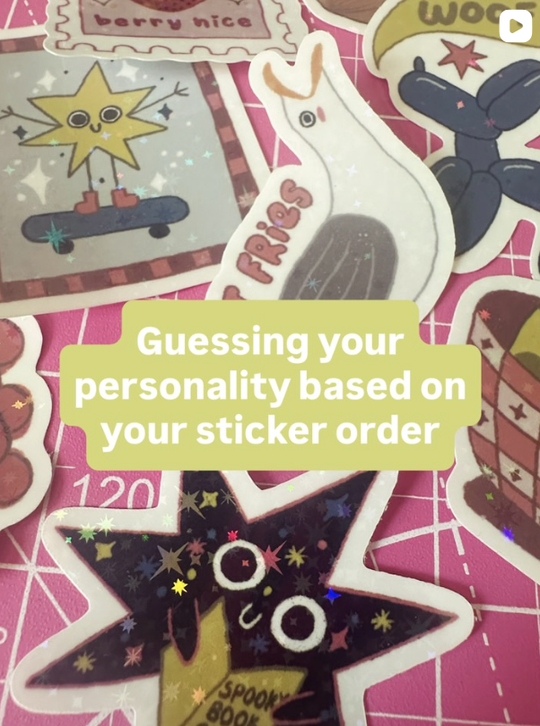 A collection of colorful stickers including a yellow star with a face, a white bunny with a black tail, a black star-shaped sticker with a yellow label that says 'spooky book,' and other stickers with various designs. There is a bright green text box in the center that reads 'Guessing your personality based on your sticker order.'