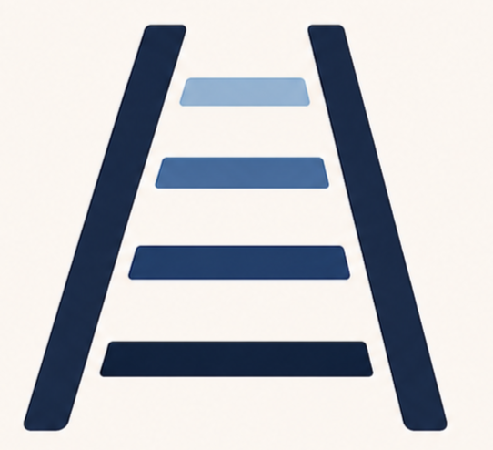 Graphic of a ladder with dark blue steps and sides on a white background.
