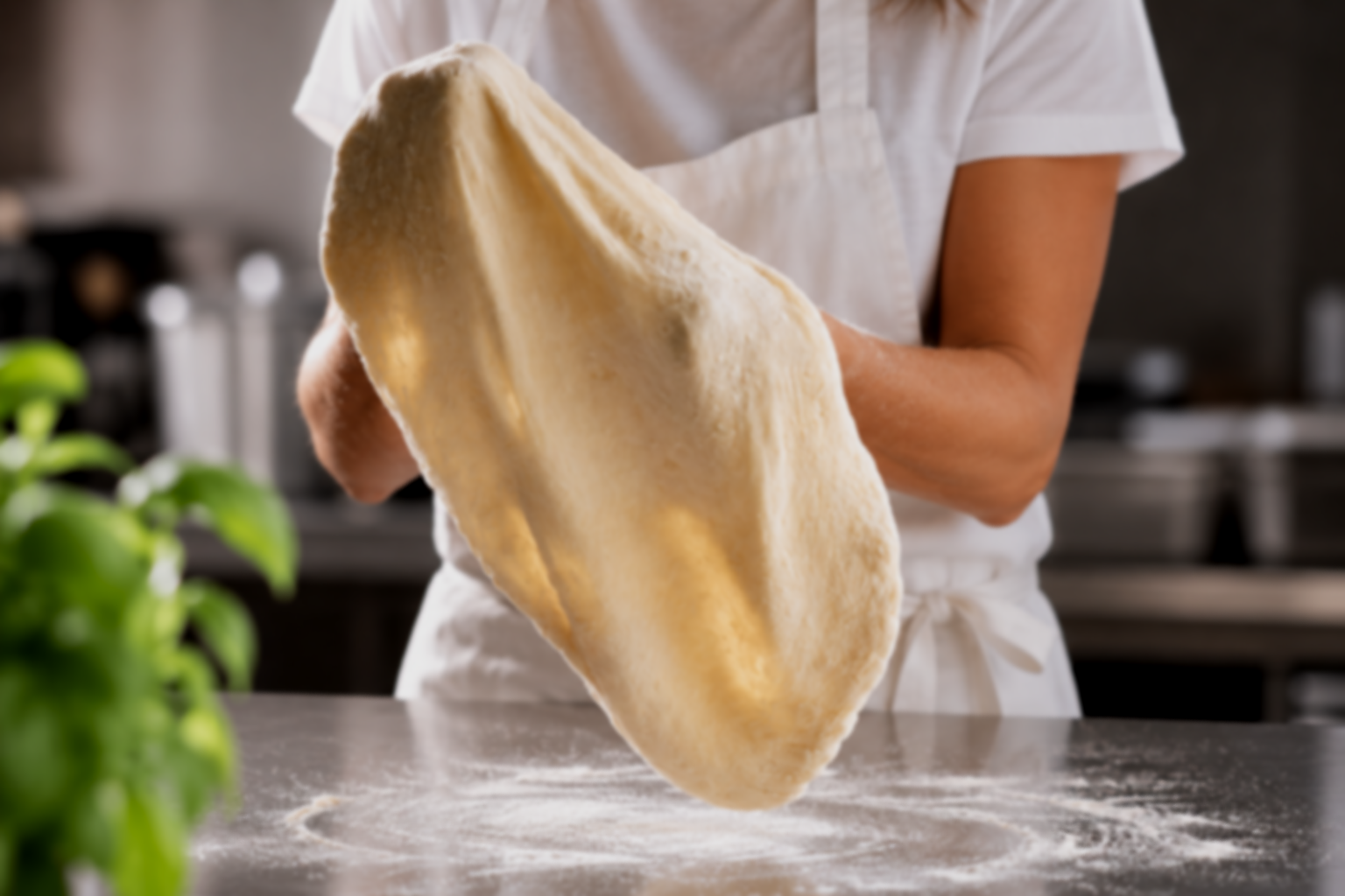 Person in white shirt holding freshly tossed pizza dough over a floured countertop in a kitchen.