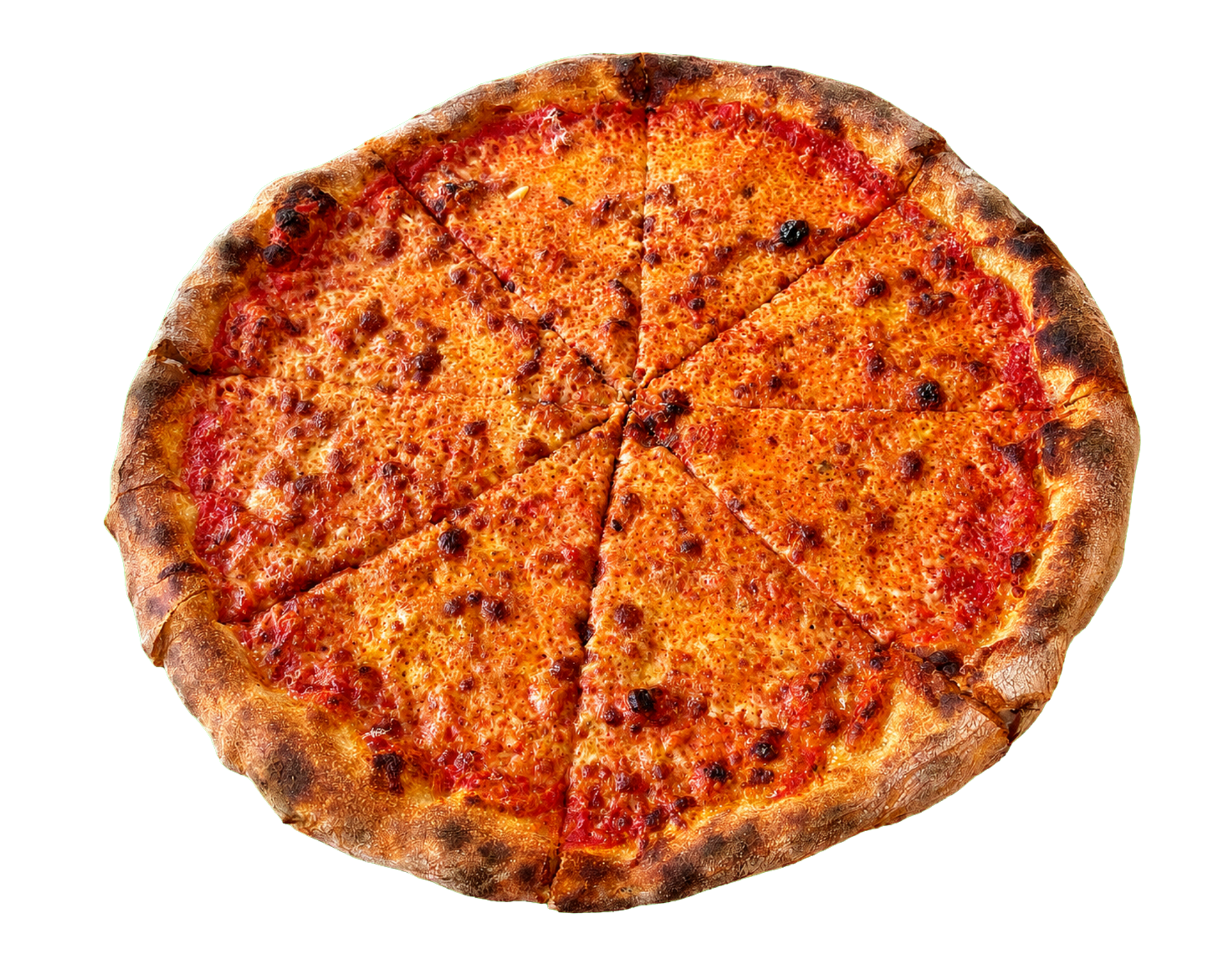 A whole cheese pizza with a golden brown crust, topped with melted cheese and small chunks of pepperoni.