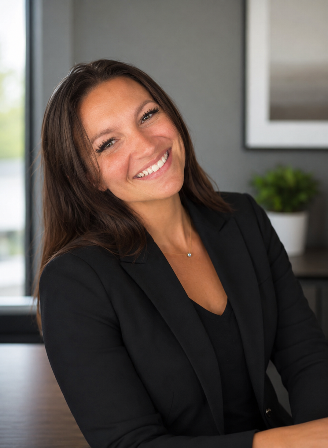 A smiling woman with long brown hair wearing a black blazer, sitting indoors near a window and a potted plant, looking at the camera.
