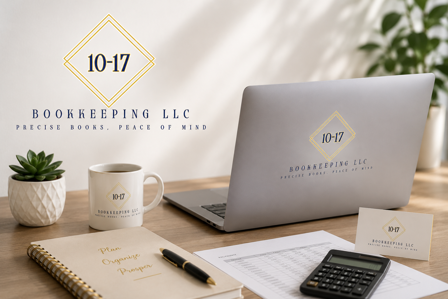 A desk with a laptop bearing a logo for 10-17 Bookkeeping LLC, a coffee mug with the same logo, a small potted succulent, a planner labeled 'Plan, Organize, Prosper' with a pen, a document with accounting data, a calculator, and a business card with the company's logo, set against a bright background.