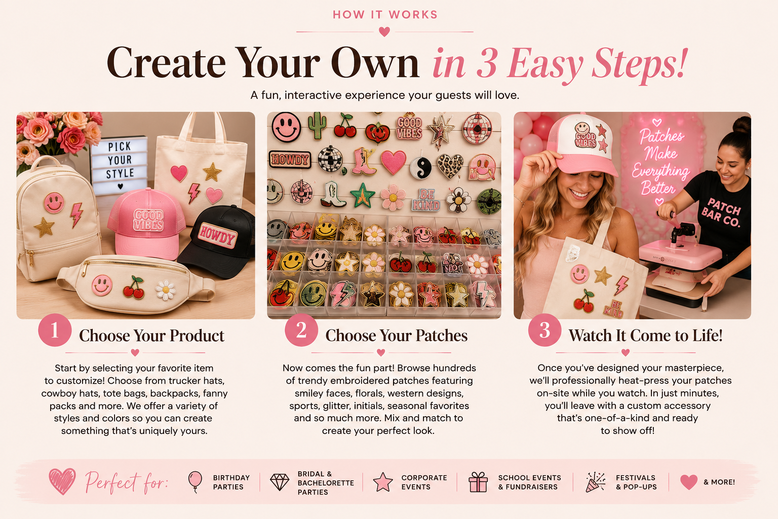A three-step guide to creating custom patches. Step 1 shows various bags and accessories with embroidered patches, Step 2 displays a box of colorful patches with different designs, and Step 3 shows a woman wearing a hat and holding a bag with patches, while another woman heats patches for customization.