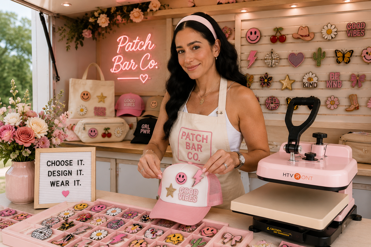 A woman in a beige apron and pink headband at a craft booth displays embroidered patches and hats. The booth has pink and white decorations with a neon sign that reads 'Patch Bar Co.' and a lighted sign with similar branding. She is holding a pink and white cap with smiley face, star, and lightning bolt patches. The background features a wall with colorful patches, a pink scale, a sign with the words 'Choose it, Design it, Wear it,' and various embroidery items and hats displayed.