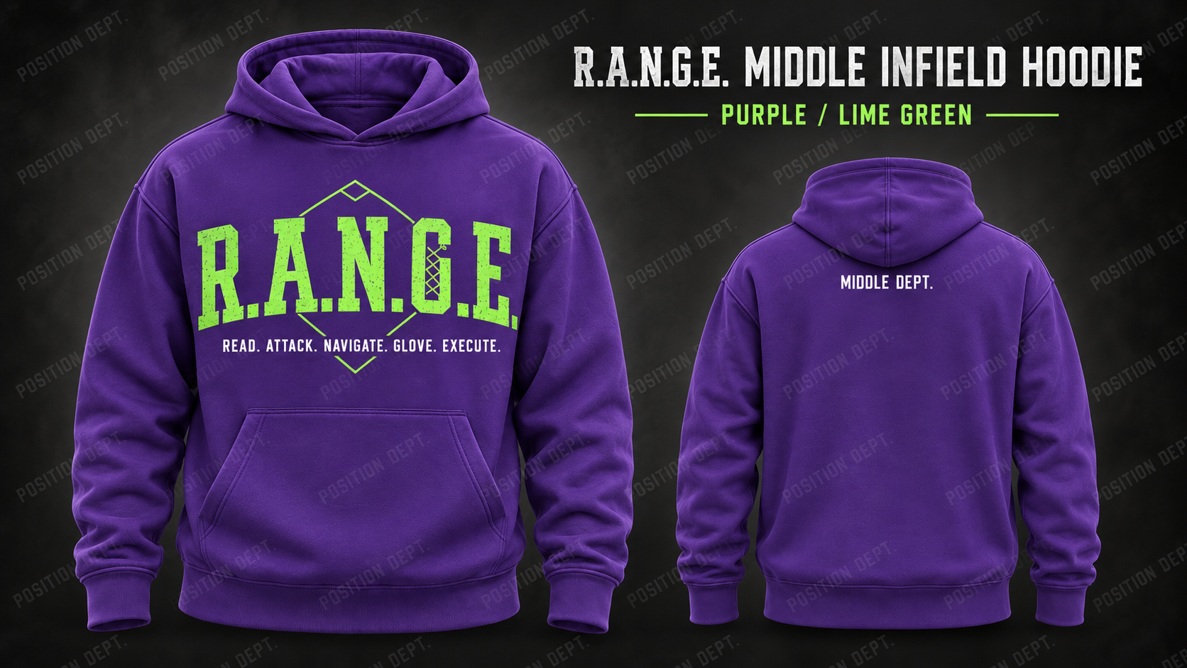 Position Dept. R.A.N.G.E. middle infield hoodie in Purple / Lime Green, front and back views, baseball and softball leisure wear.