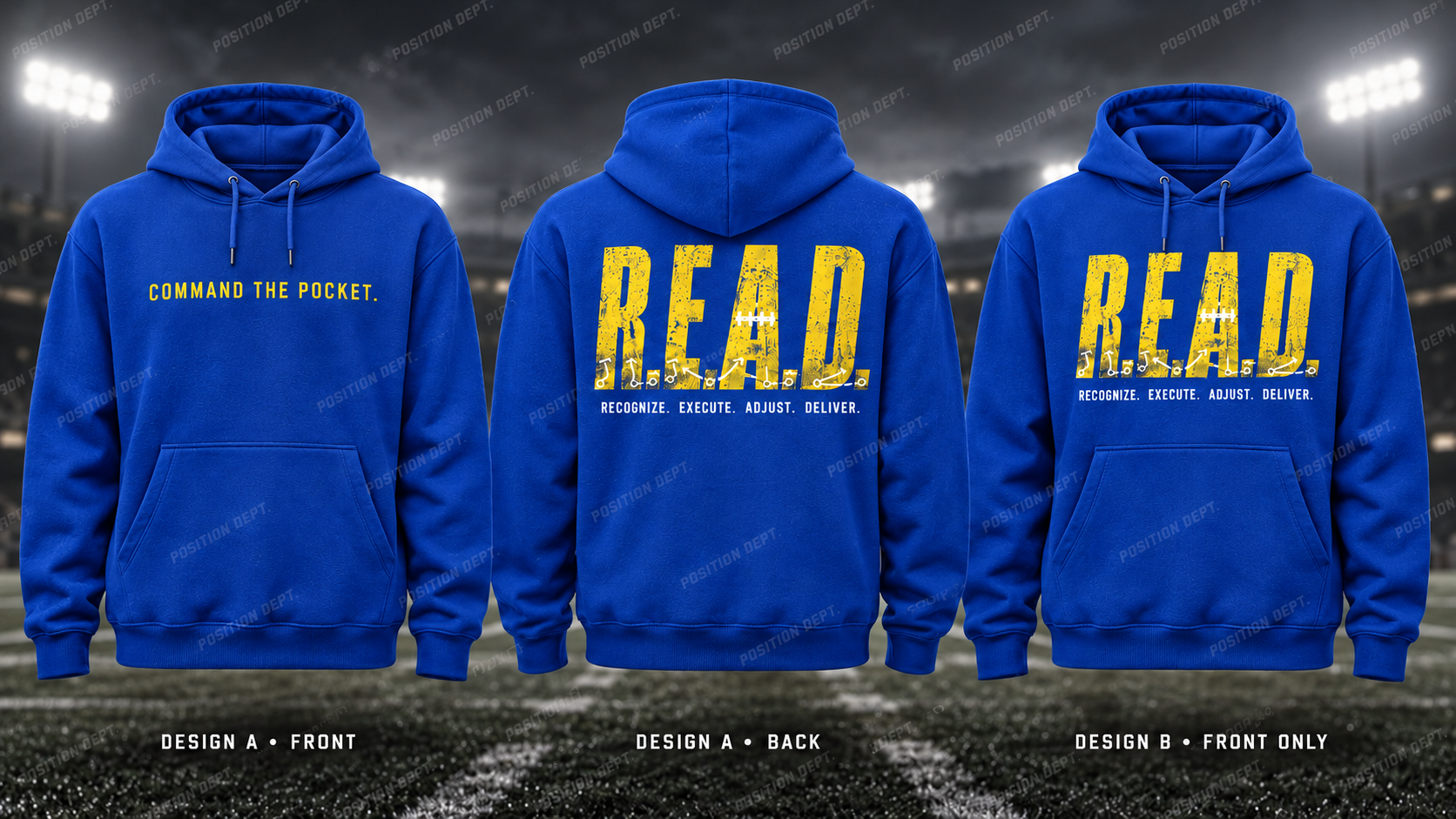 R.E.A.D. football hoodie in Royal Blue / Yellow, showing Design A slogan front and letter back, plus Design B front-only artwork.