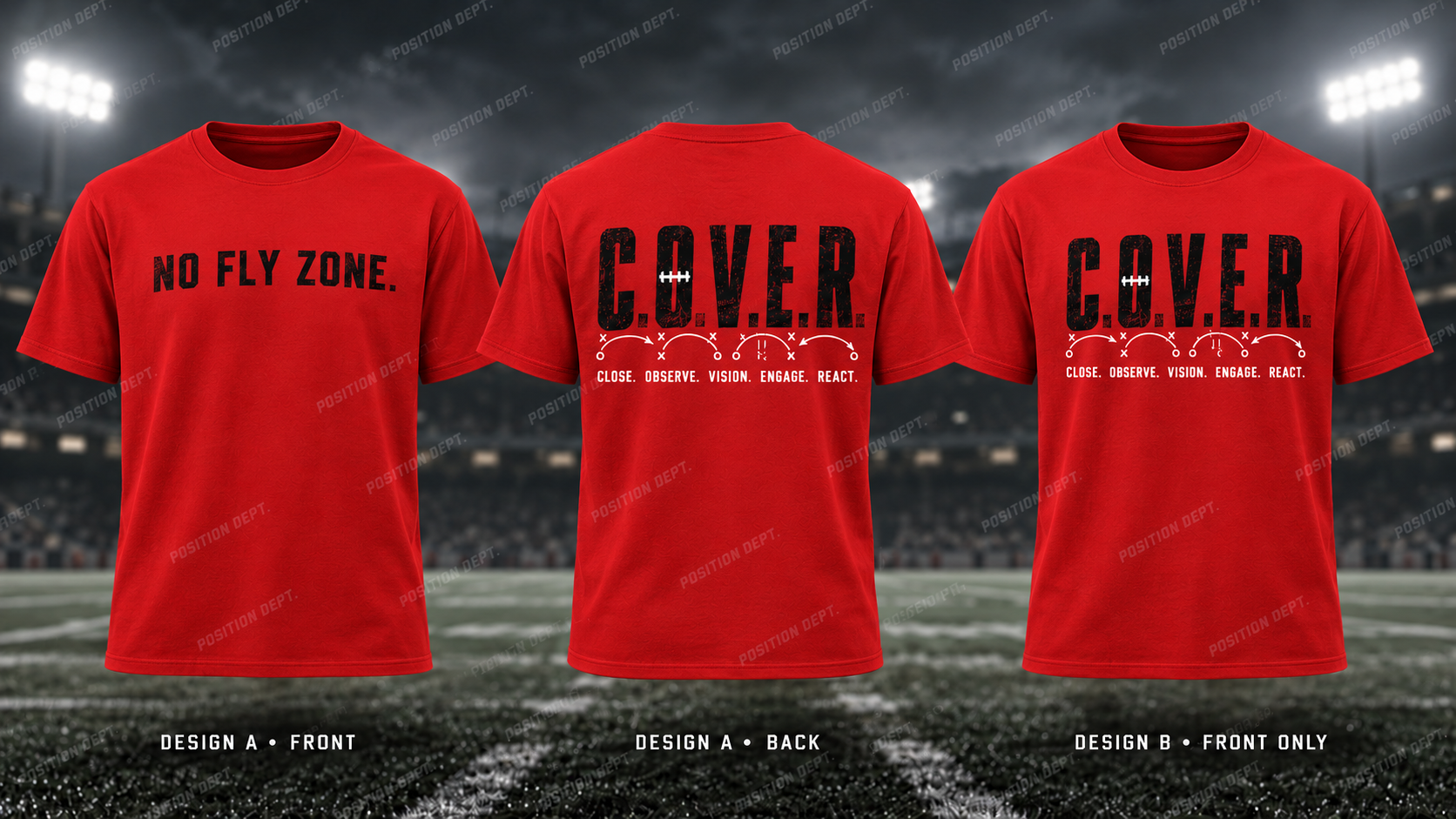 C.O.V.E.R. football T-shirt in Red / Black. Design A slogan front and graphic back; Design B graphic front, blank back. Position Dept.