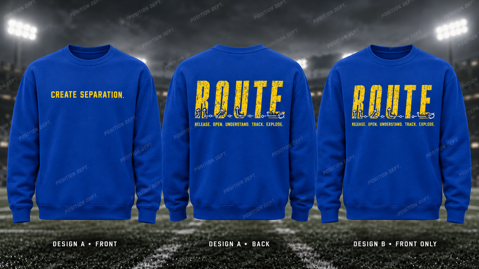 R.O.U.T.E. football crewneck in Royal Blue / Yellow. Design A: slogan front, graphic back. Design B: graphic front, blank back. Position Dept.